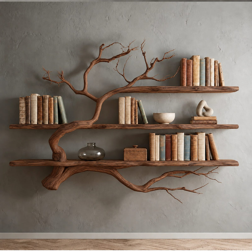 Rustic Driftwood Corner Tree Bookshelf With Branch Shelves For Living Room