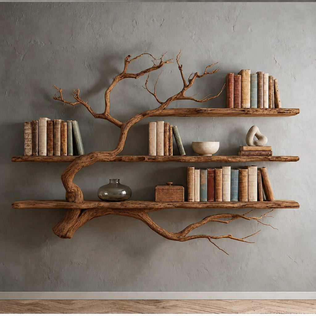 Rustic Driftwood Corner Tree Bookshelf With Branch Shelves For Living Room
