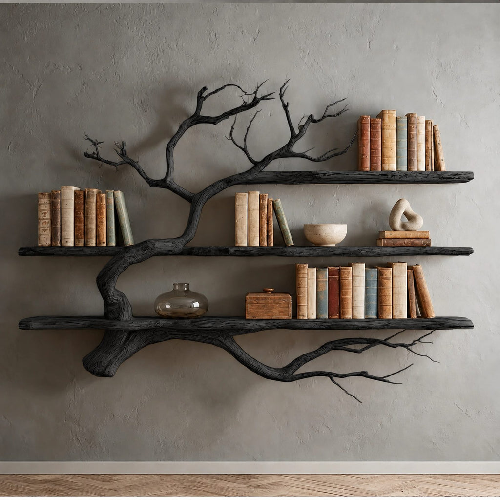 Rustic Driftwood Corner Tree Bookshelf With Branch Shelves For Living Room