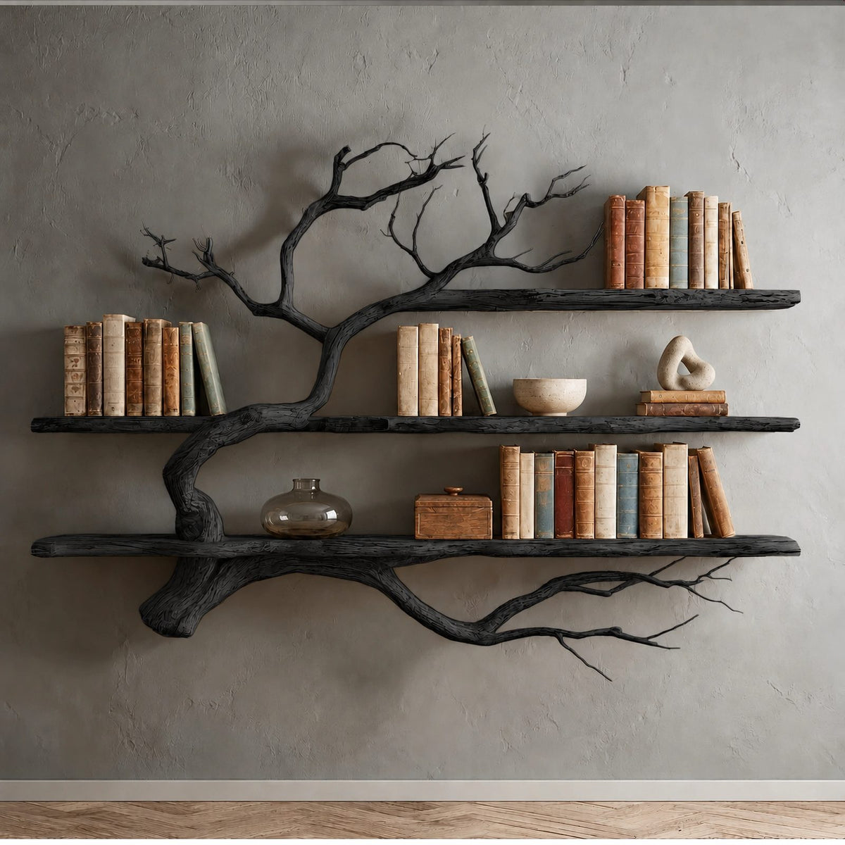 Rustic Driftwood Corner Tree Bookshelf With Branch Shelves For Living Room