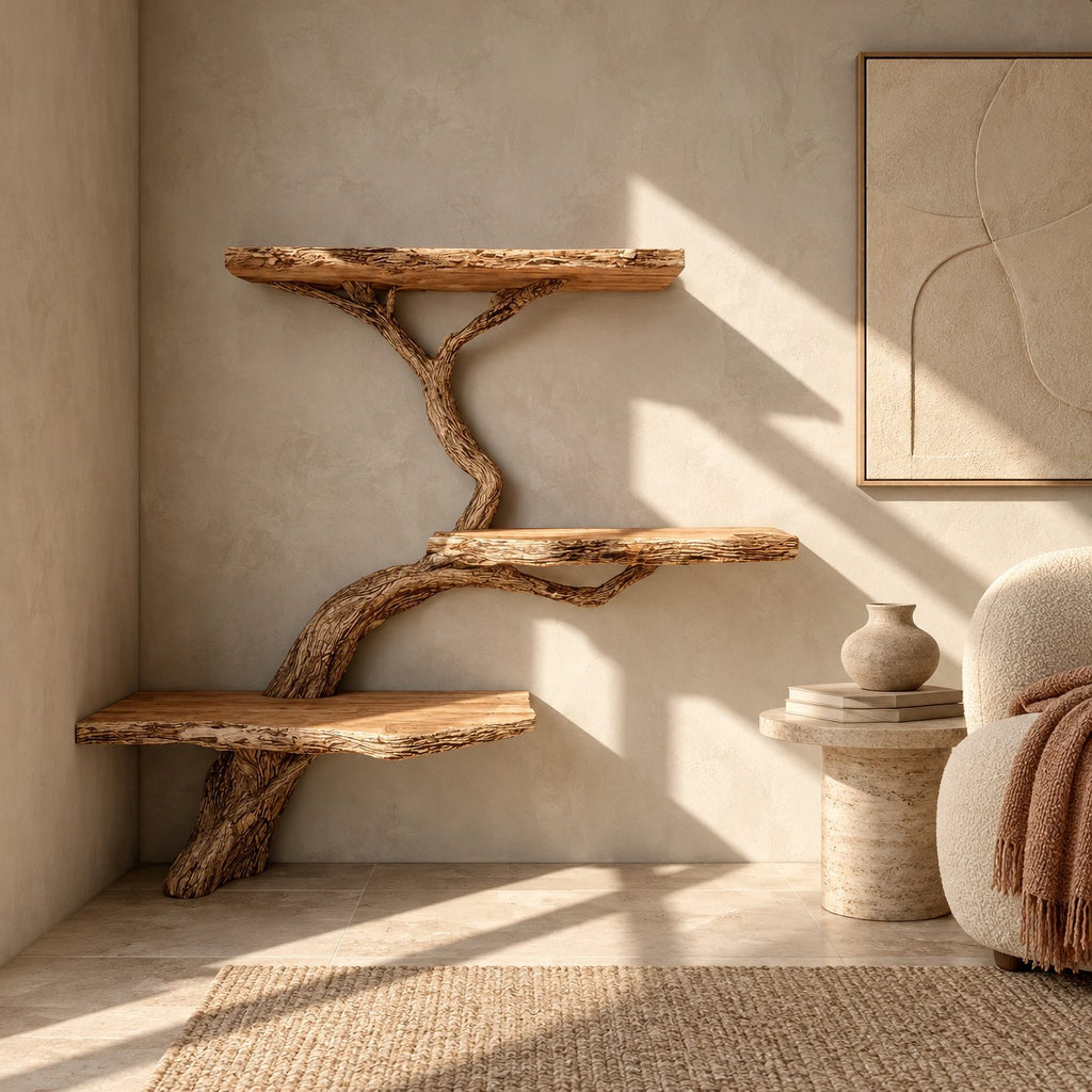 Driftwood Wall Tree Bookshelf With Curved Branch Shelves For Living Room