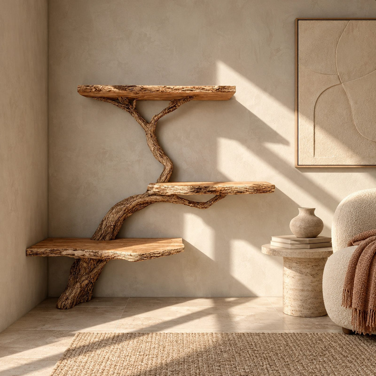 Driftwood Wall Tree Bookshelf With Curved Branch Shelves For Living Room