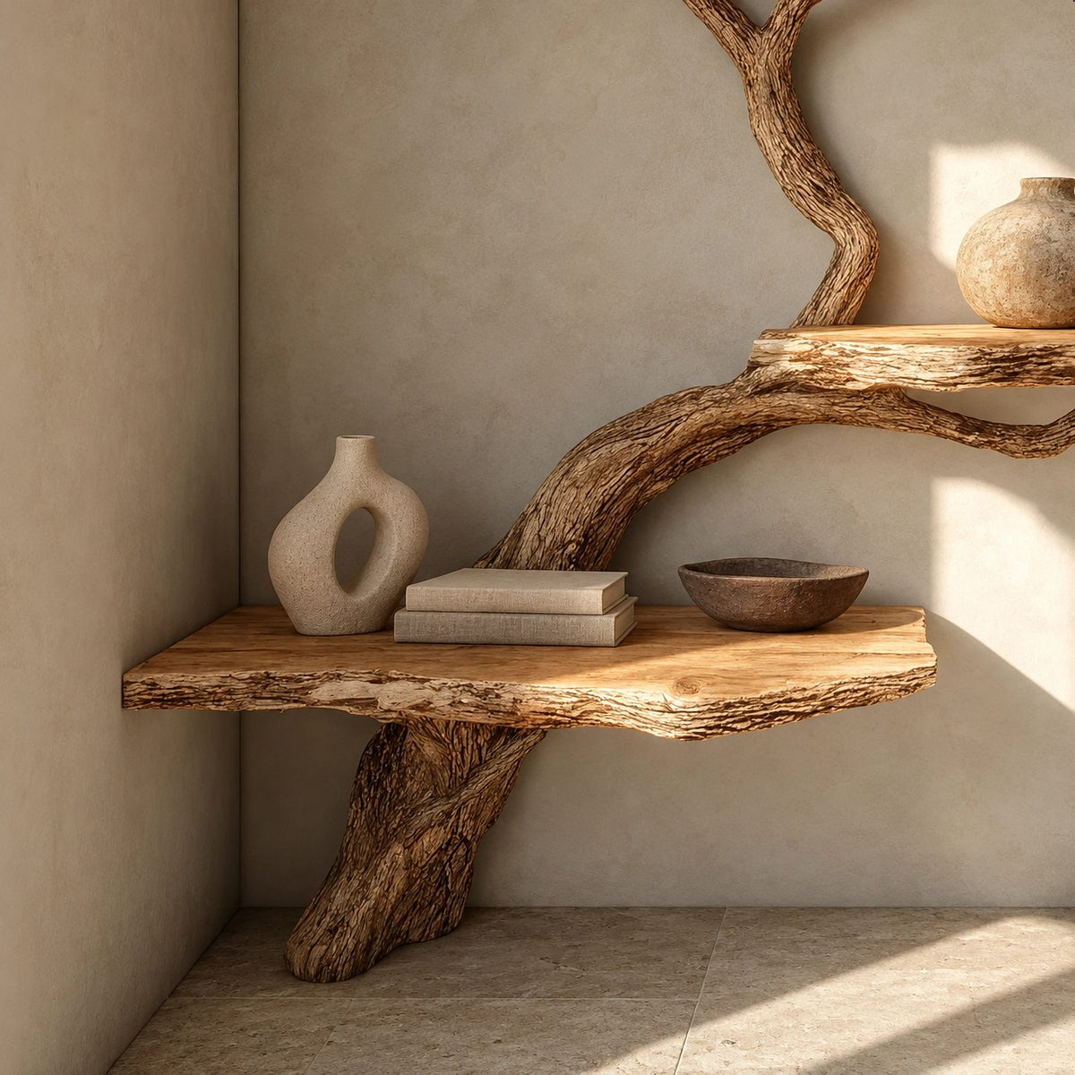 Driftwood Wall Tree Bookshelf With Curved Branch Shelves For Living Room