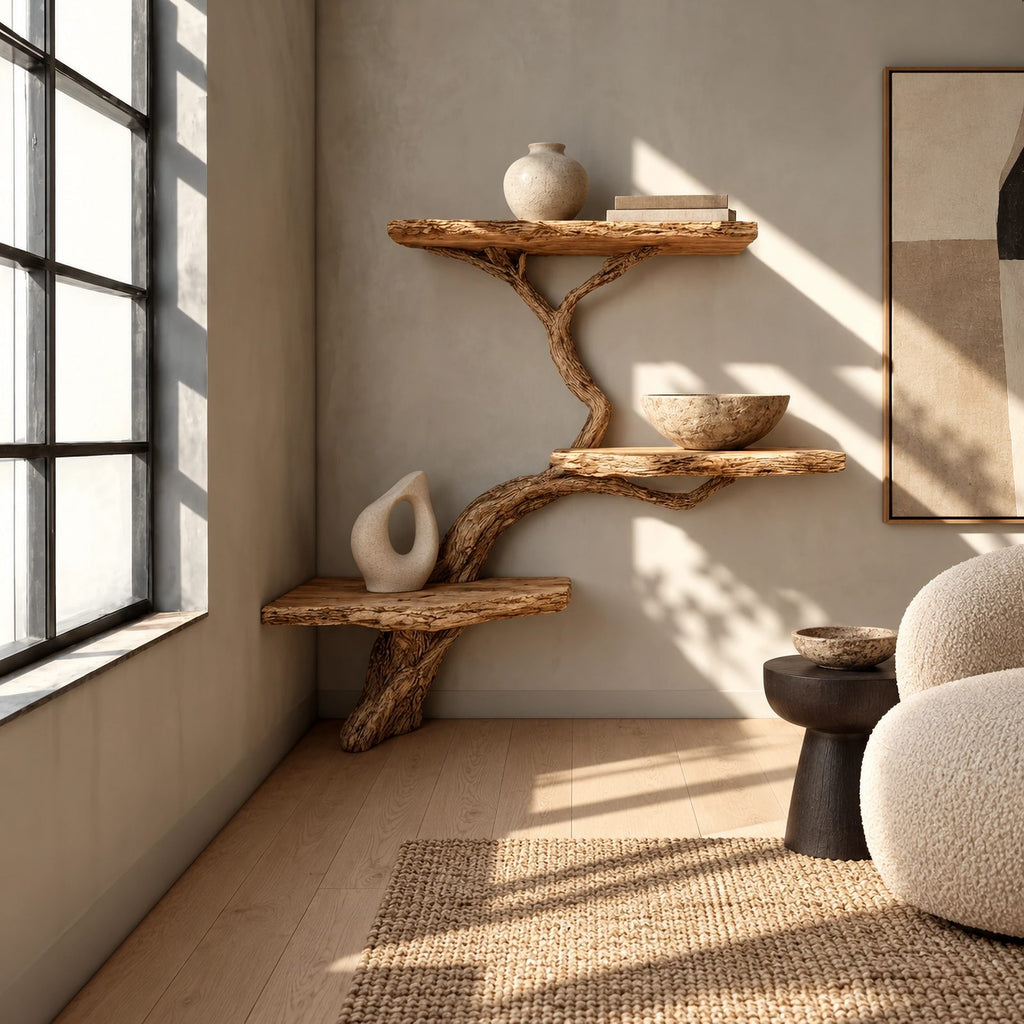Driftwood Wall Tree Bookshelf With Curved Branch Shelves For Living Room