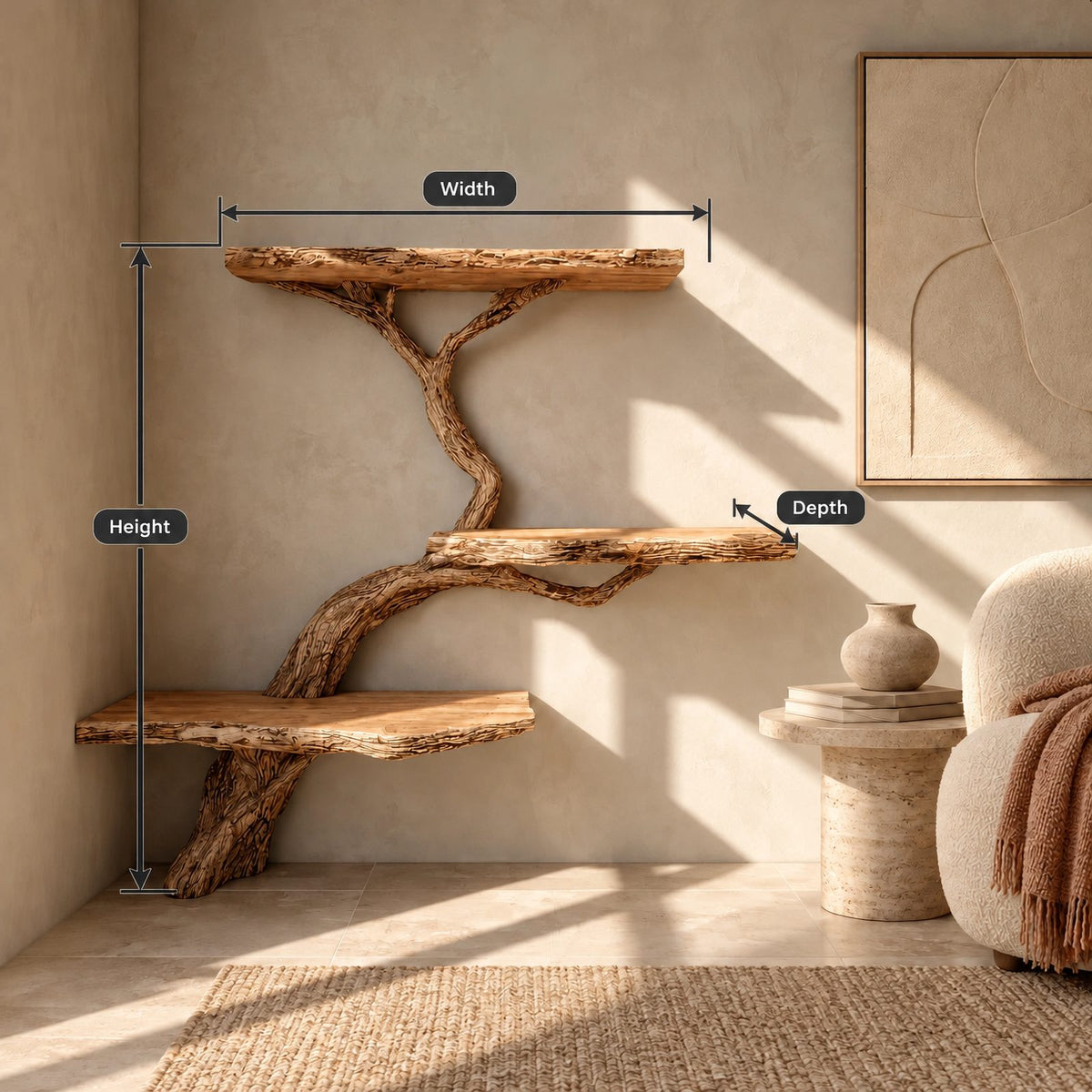 Driftwood Wall Tree Bookshelf With Curved Branch Shelves For Living Room