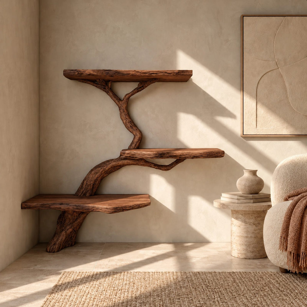 Driftwood Wall Tree Bookshelf With Curved Branch Shelves For Living Room