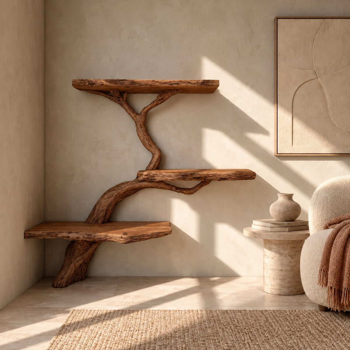 Driftwood Wall Tree Bookshelf With Curved Branch Shelves For Living Room