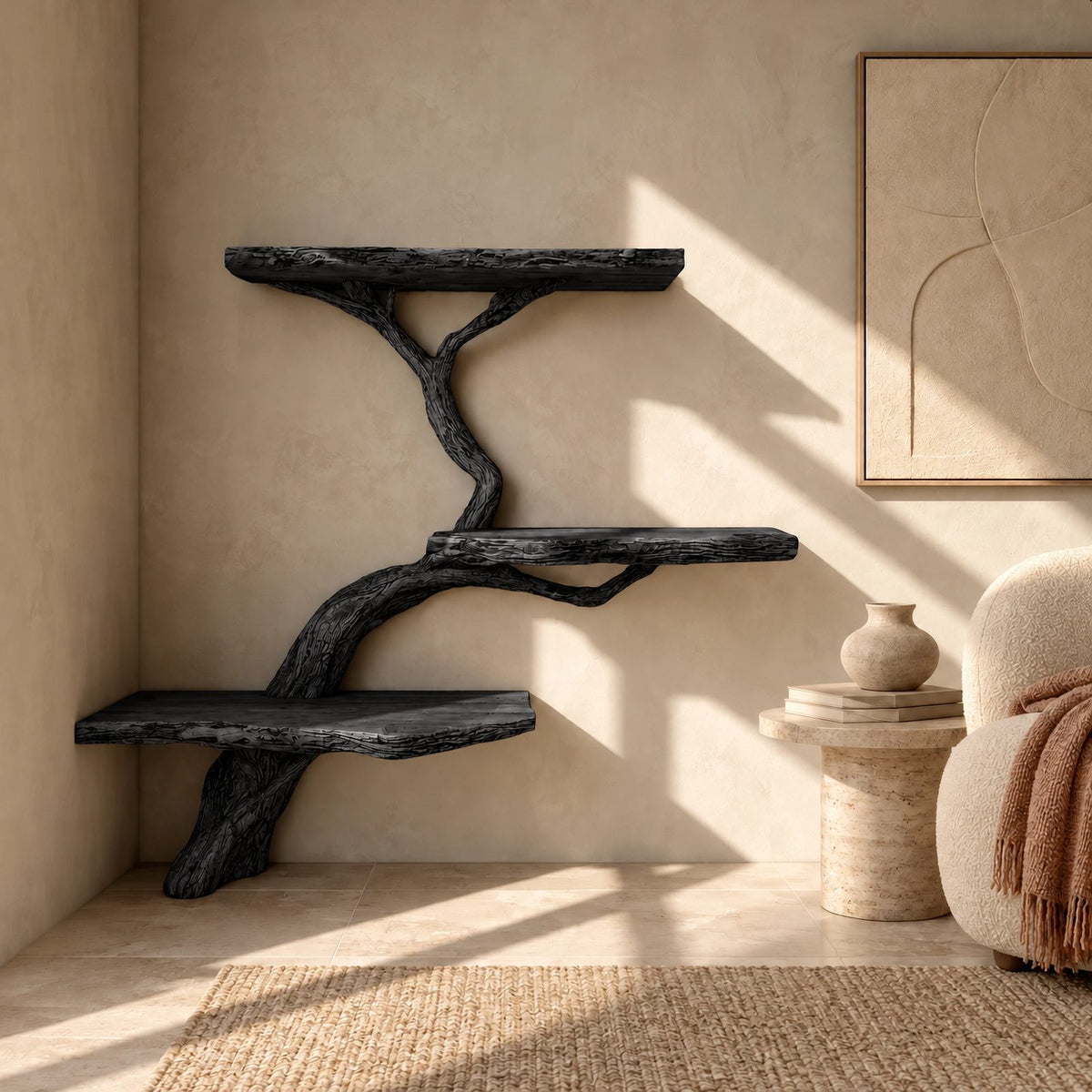 Driftwood Wall Tree Bookshelf With Curved Branch Shelves For Living Room