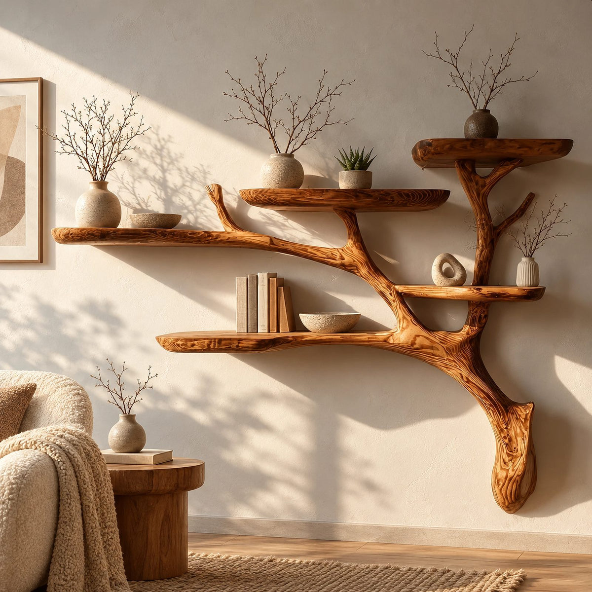Rustic Solid Wood Wall Tree Bookshelf With Branch Shelves For Living Room