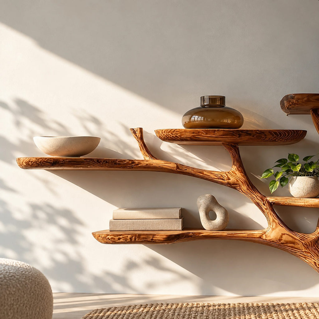 Rustic Solid Wood Wall Tree Bookshelf With Branch Shelves For Living Room