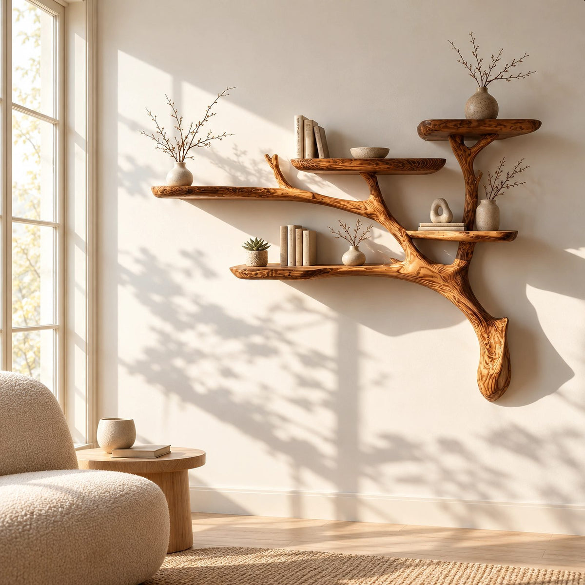Rustic Solid Wood Wall Tree Bookshelf With Branch Shelves For Living Room