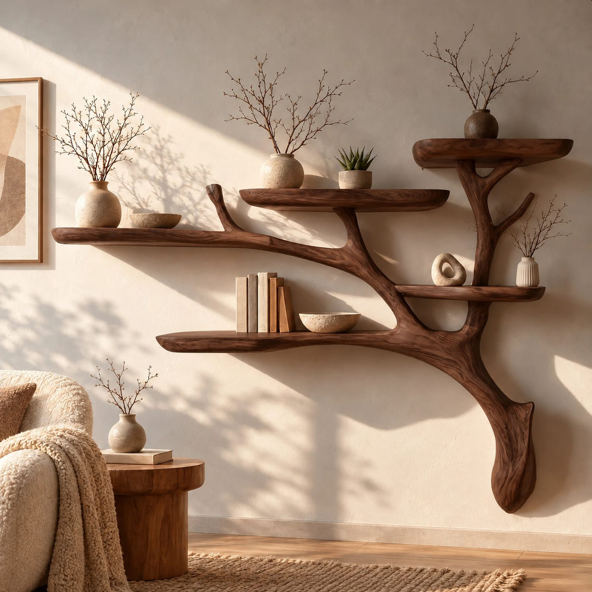 Rustic Solid Wood Wall Tree Bookshelf With Branch Shelves For Living Room