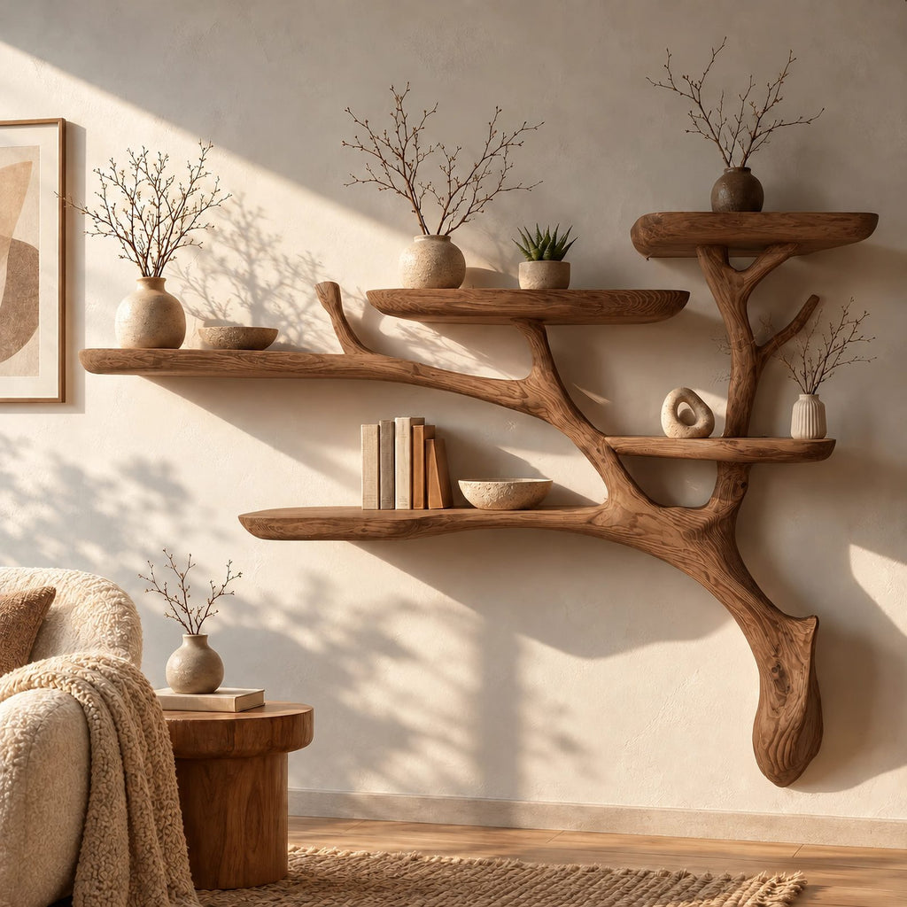 Rustic Solid Wood Wall Tree Bookshelf With Branch Shelves For Living Room