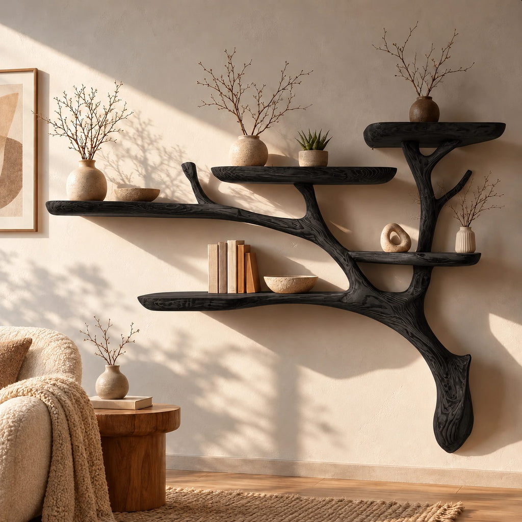 Rustic Solid Wood Wall Tree Bookshelf With Branch Shelves For Living Room