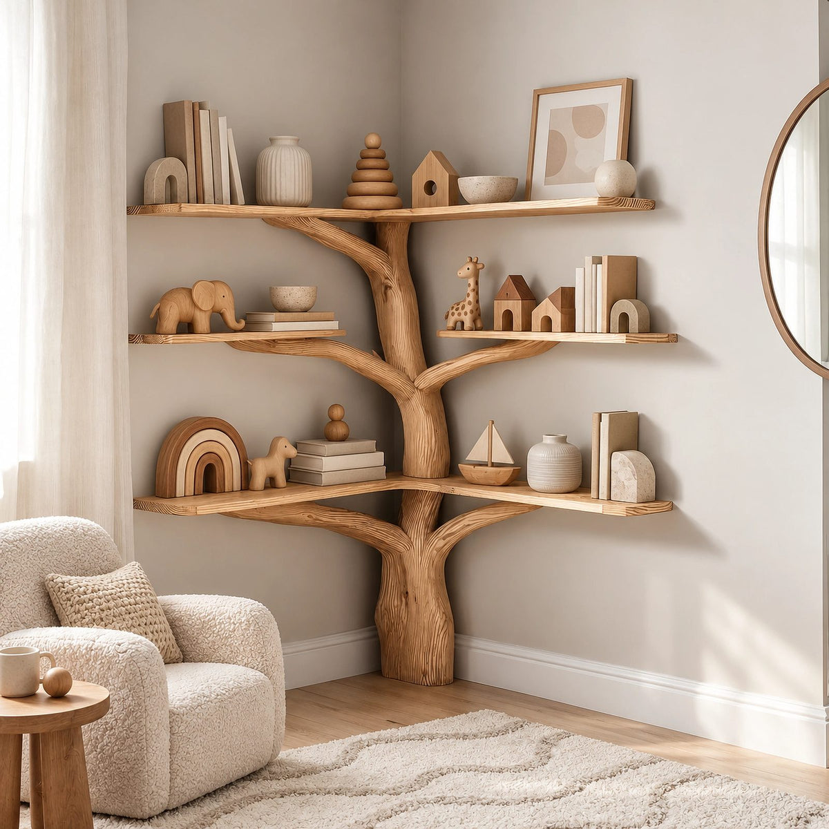 Rustic Corner Tree Bookshelf With Open Branch Shelves For Kids Room