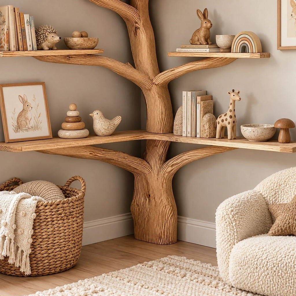 Rustic Corner Tree Bookshelf With Open Branch Shelves For Kids Room