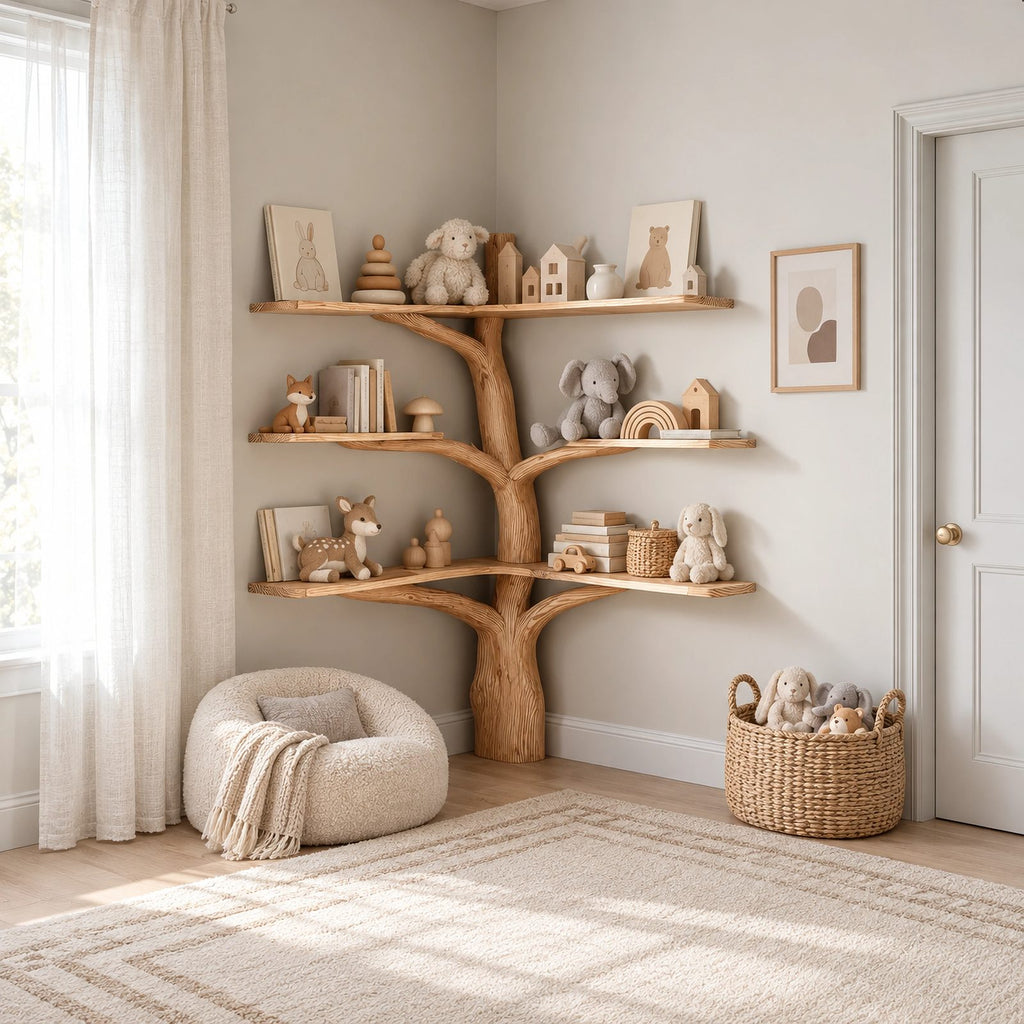 Rustic Corner Tree Bookshelf With Open Branch Shelves For Kids Room
