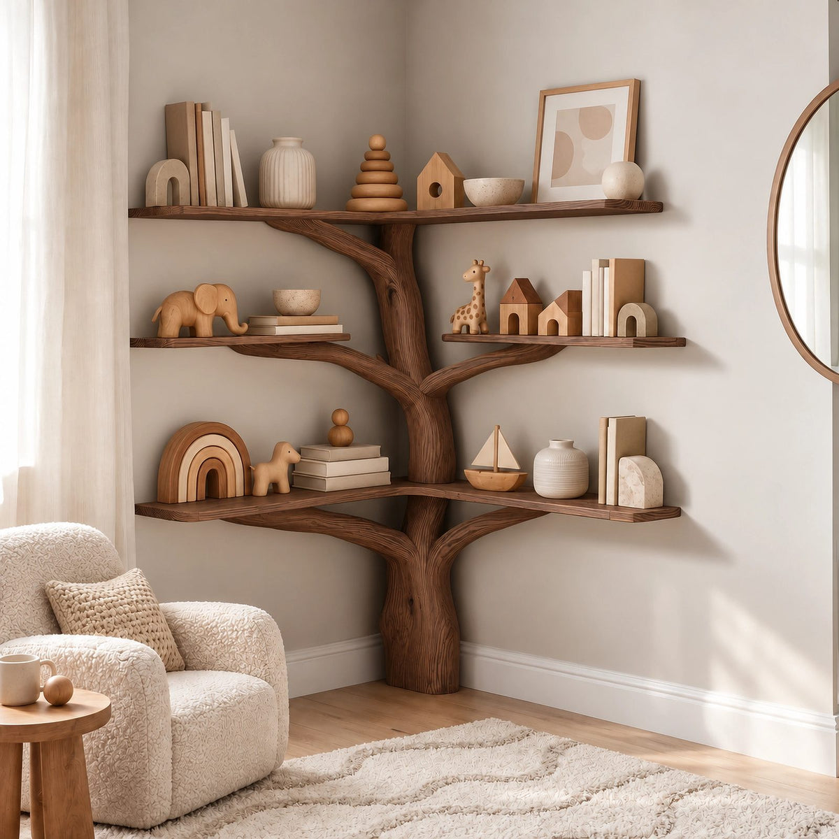 Rustic Corner Tree Bookshelf With Open Branch Shelves For Kids Room