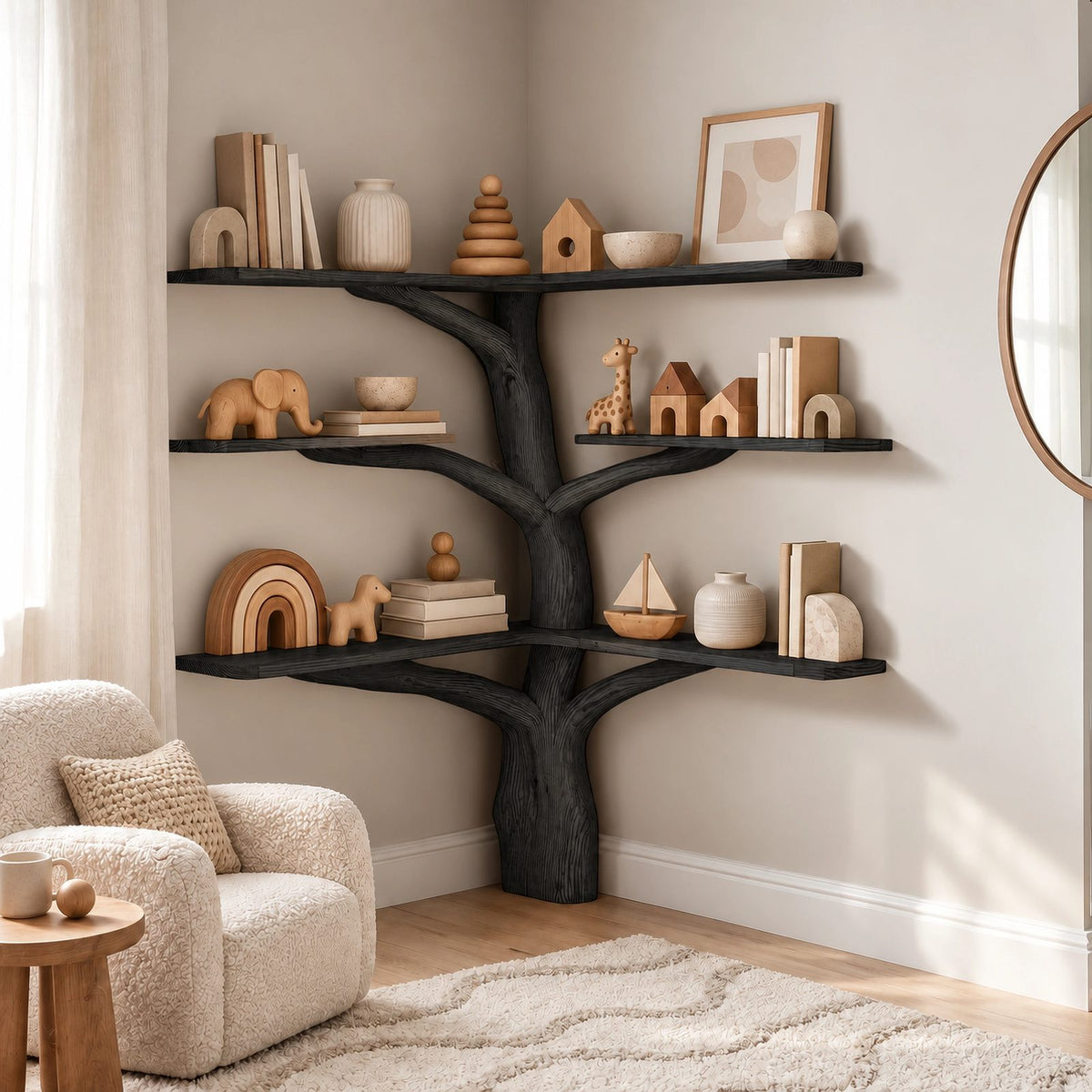 Rustic Corner Tree Bookshelf With Open Branch Shelves For Kids Room