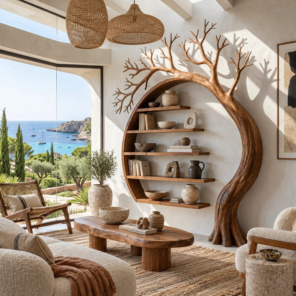 Sculptural Solid Wood Tree Bookshelf With Arched Moon Frame For Living Room