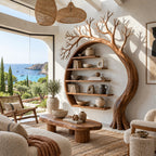 Sculptural Solid Wood Tree Bookshelf With Arched Moon Frame For Living Room