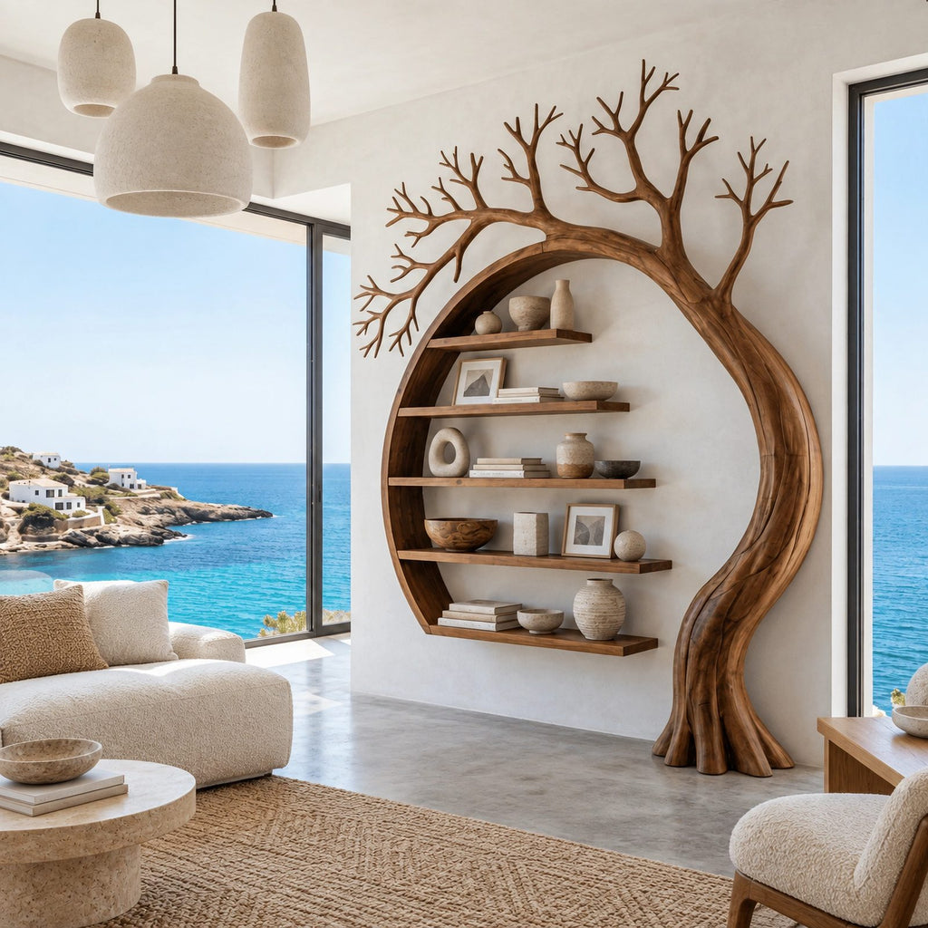 Sculptural Solid Wood Tree Bookshelf With Arched Moon Frame For Living Room