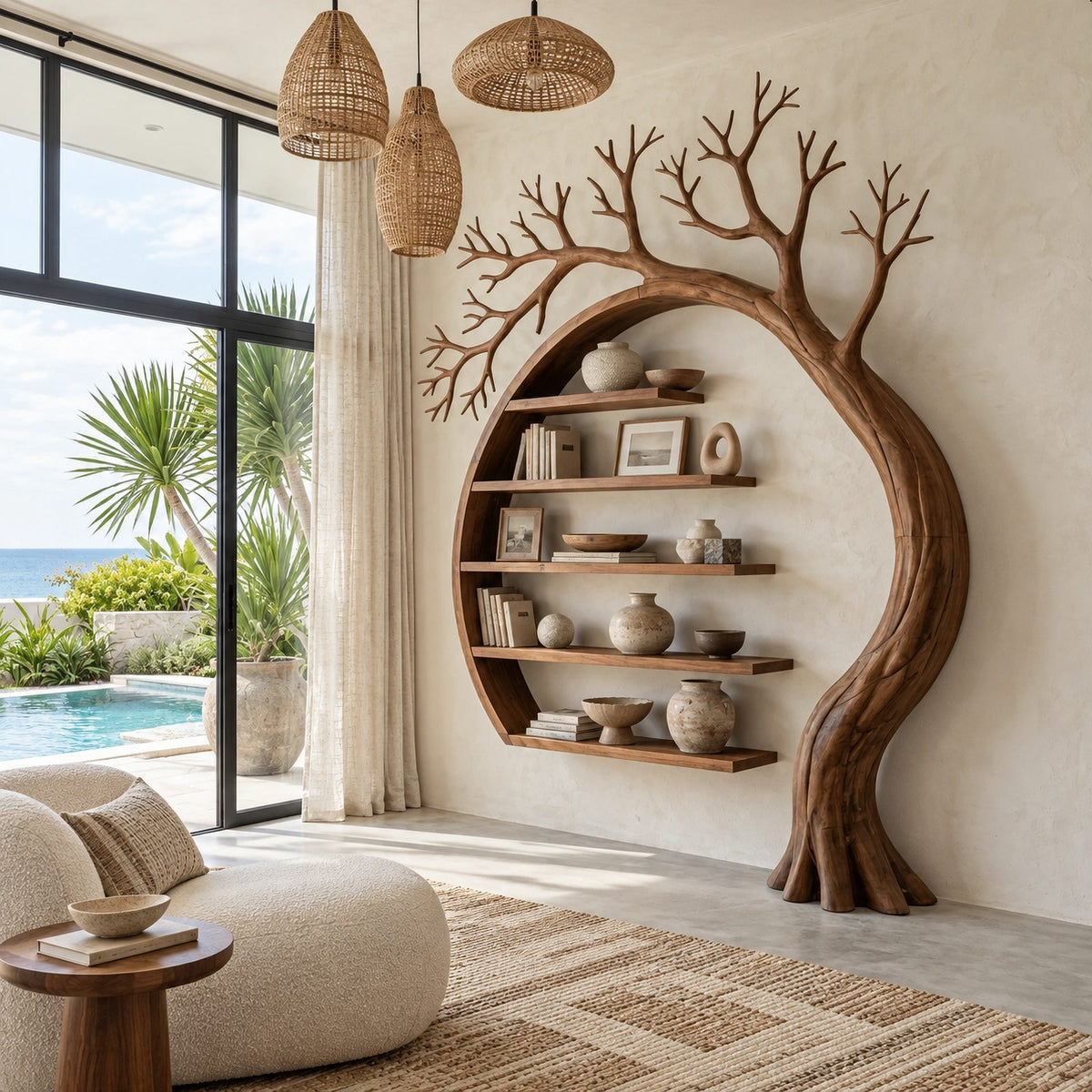 Sculptural Solid Wood Tree Bookshelf With Arched Moon Frame For Living Room