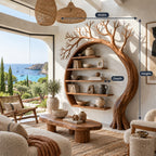Sculptural Solid Wood Tree Bookshelf With Arched Moon Frame For Living Room
