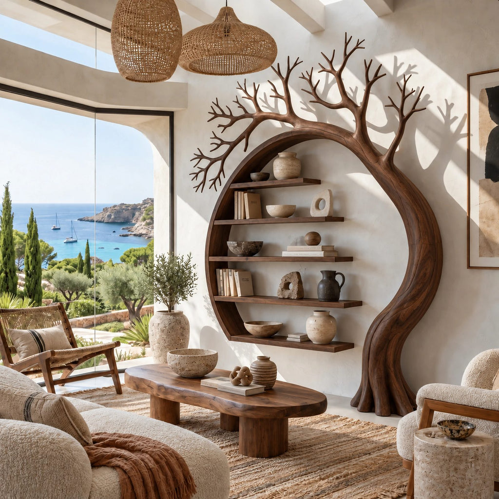 Sculptural Solid Wood Tree Bookshelf With Arched Moon Frame For Living Room