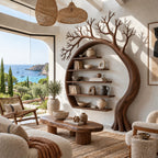 Sculptural Solid Wood Tree Bookshelf With Arched Moon Frame For Living Room