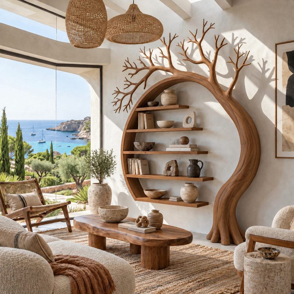 Sculptural Solid Wood Tree Bookshelf With Arched Moon Frame For Living Room