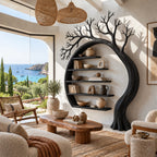 Sculptural Solid Wood Tree Bookshelf With Arched Moon Frame For Living Room