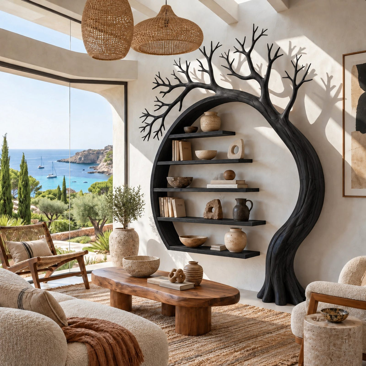 Sculptural Solid Wood Tree Bookshelf With Arched Moon Frame For Living Room