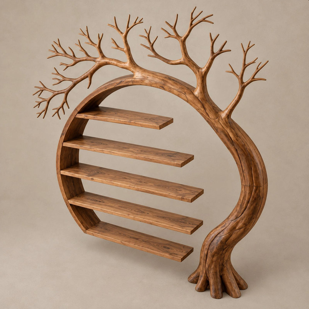 Sculptural Solid Wood Tree Bookshelf With Arched Moon Frame For Living Room