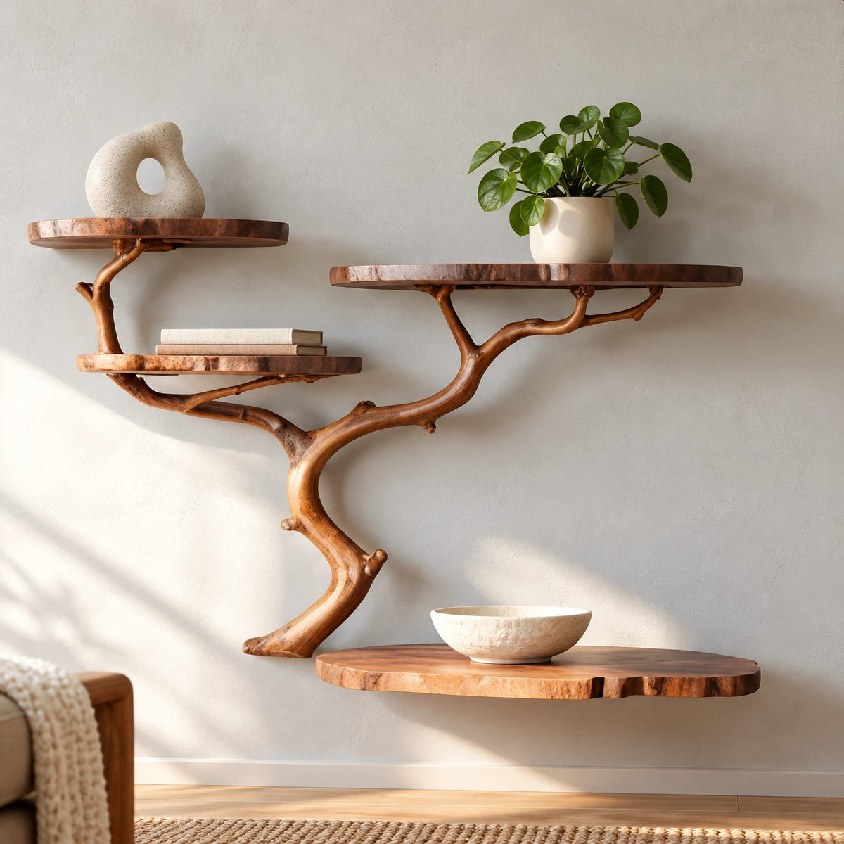 Scandinavian Wall Tree Bookshelf With Round Display Shelves For Living Room