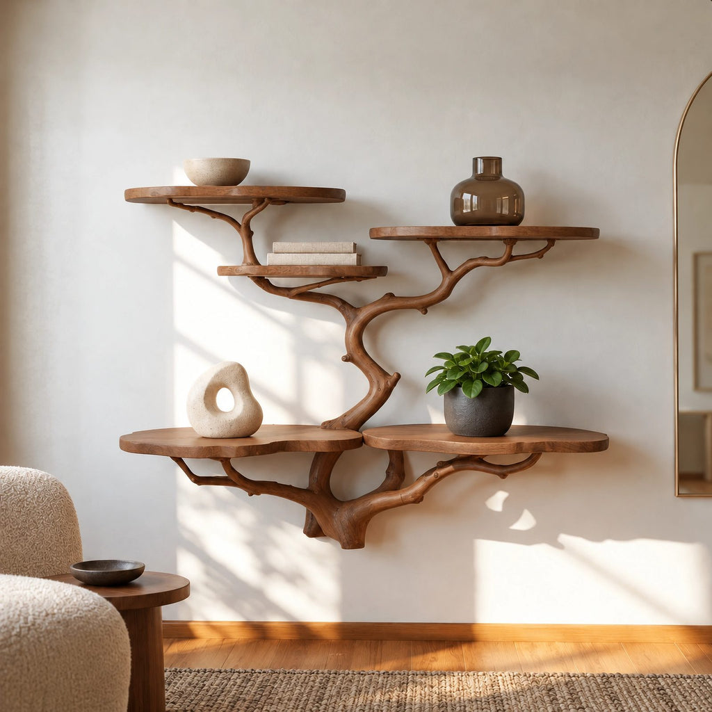 Scandinavian Wall Tree Bookshelf With Round Display Shelves For Living Room