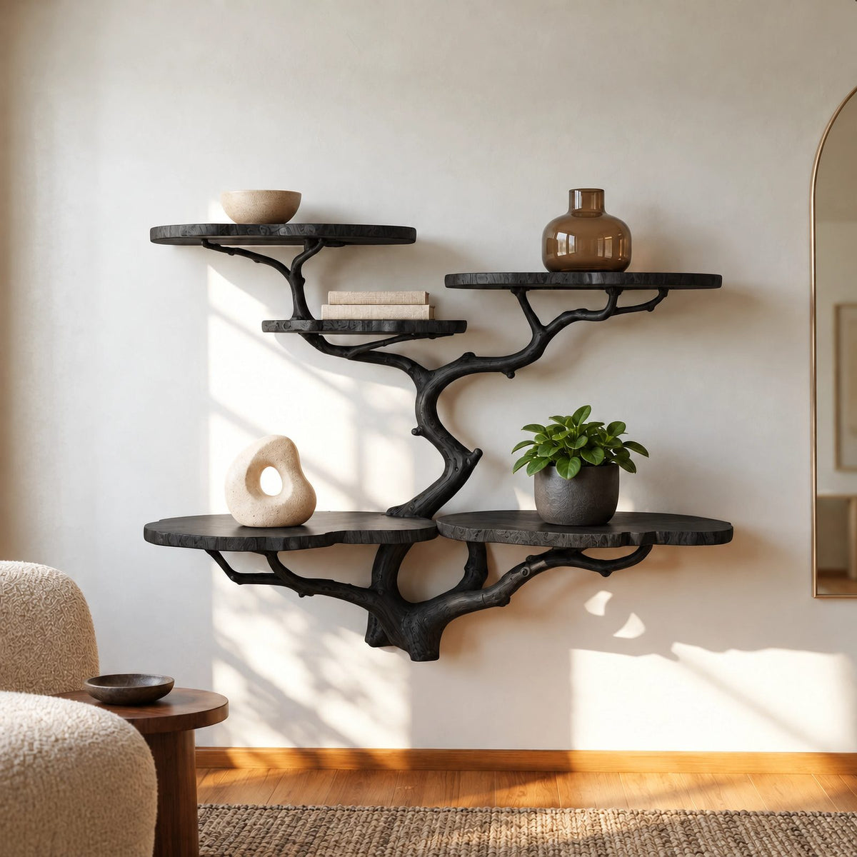 Scandinavian Wall Tree Bookshelf With Round Display Shelves For Living Room