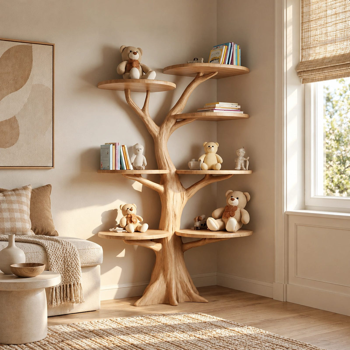 Modern Solid Wood Tree Bookshelf With Round Display Shelves For Kids Room