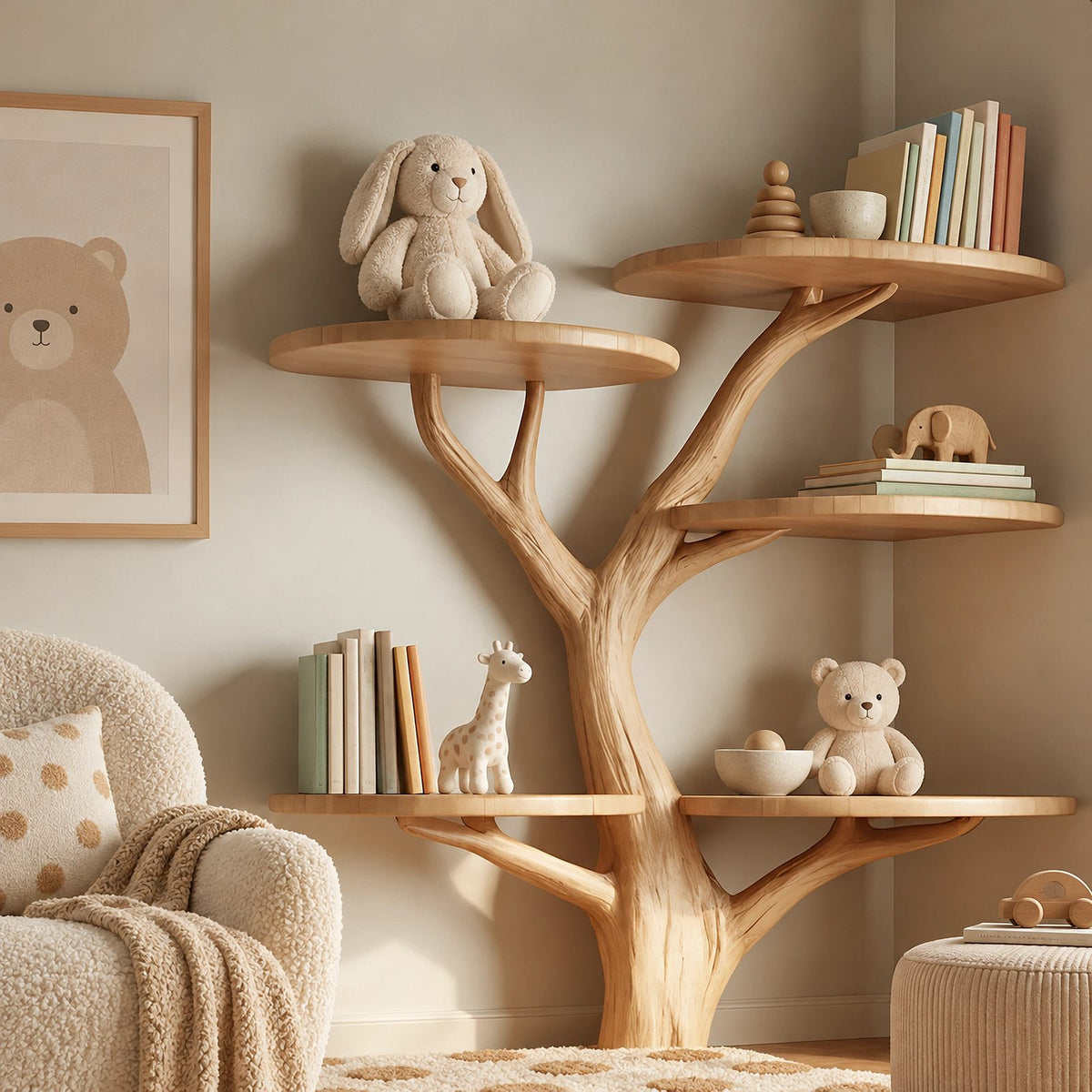 Modern Solid Wood Tree Bookshelf With Round Display Shelves For Kids Room