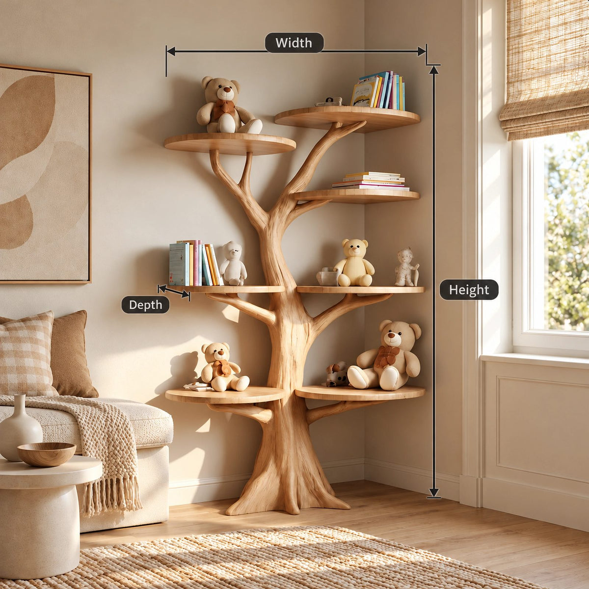 Modern Solid Wood Tree Bookshelf With Round Display Shelves For Kids Room