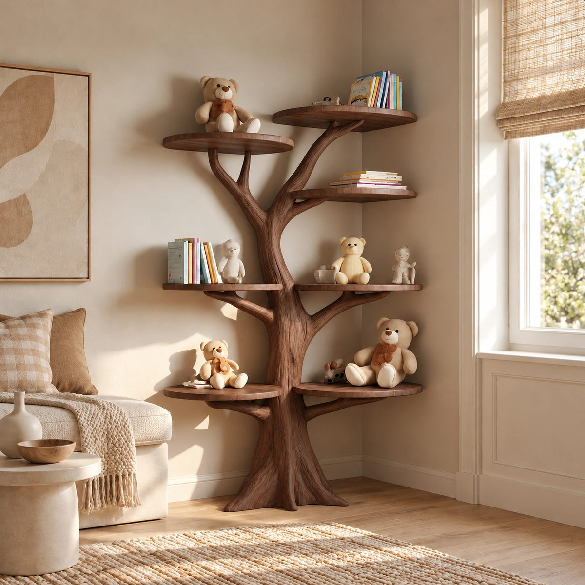 Modern Solid Wood Tree Bookshelf With Round Display Shelves For Kids Room