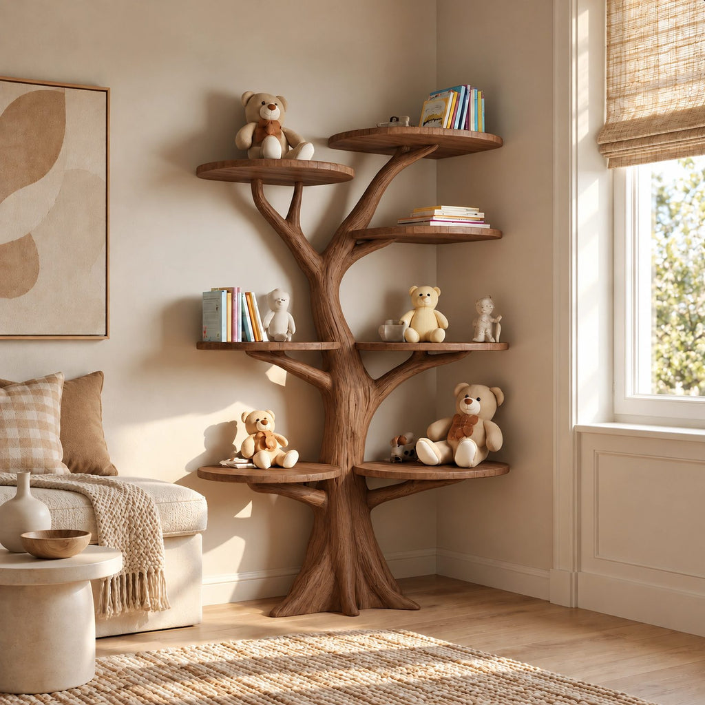 Modern Solid Wood Tree Bookshelf With Round Display Shelves For Kids Room