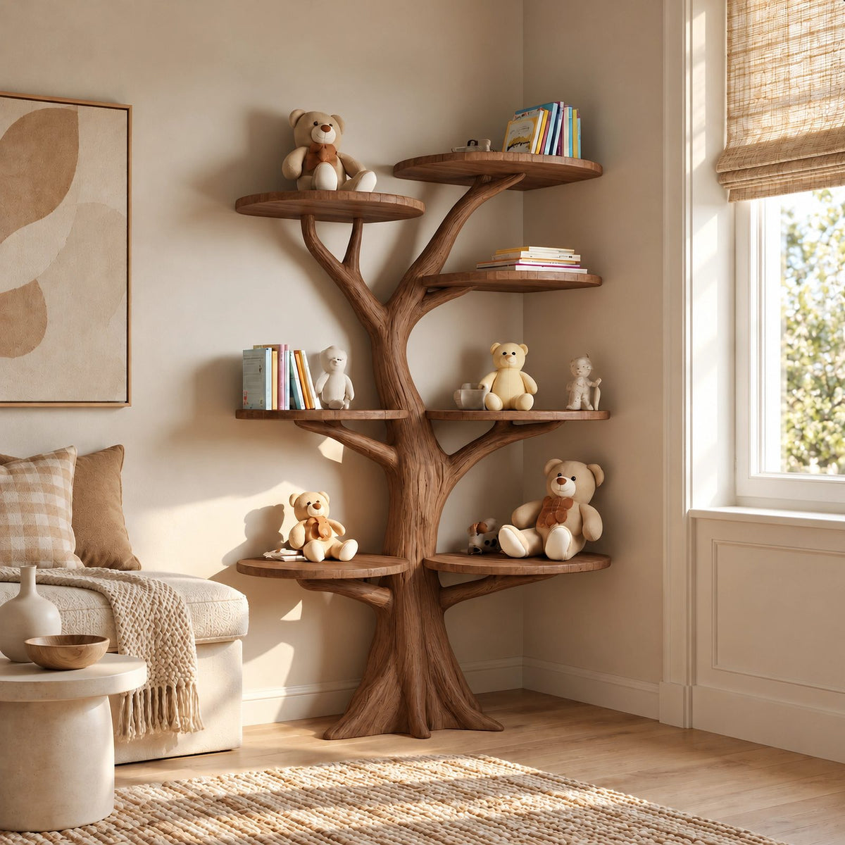 Modern Solid Wood Tree Bookshelf With Round Display Shelves For Kids Room