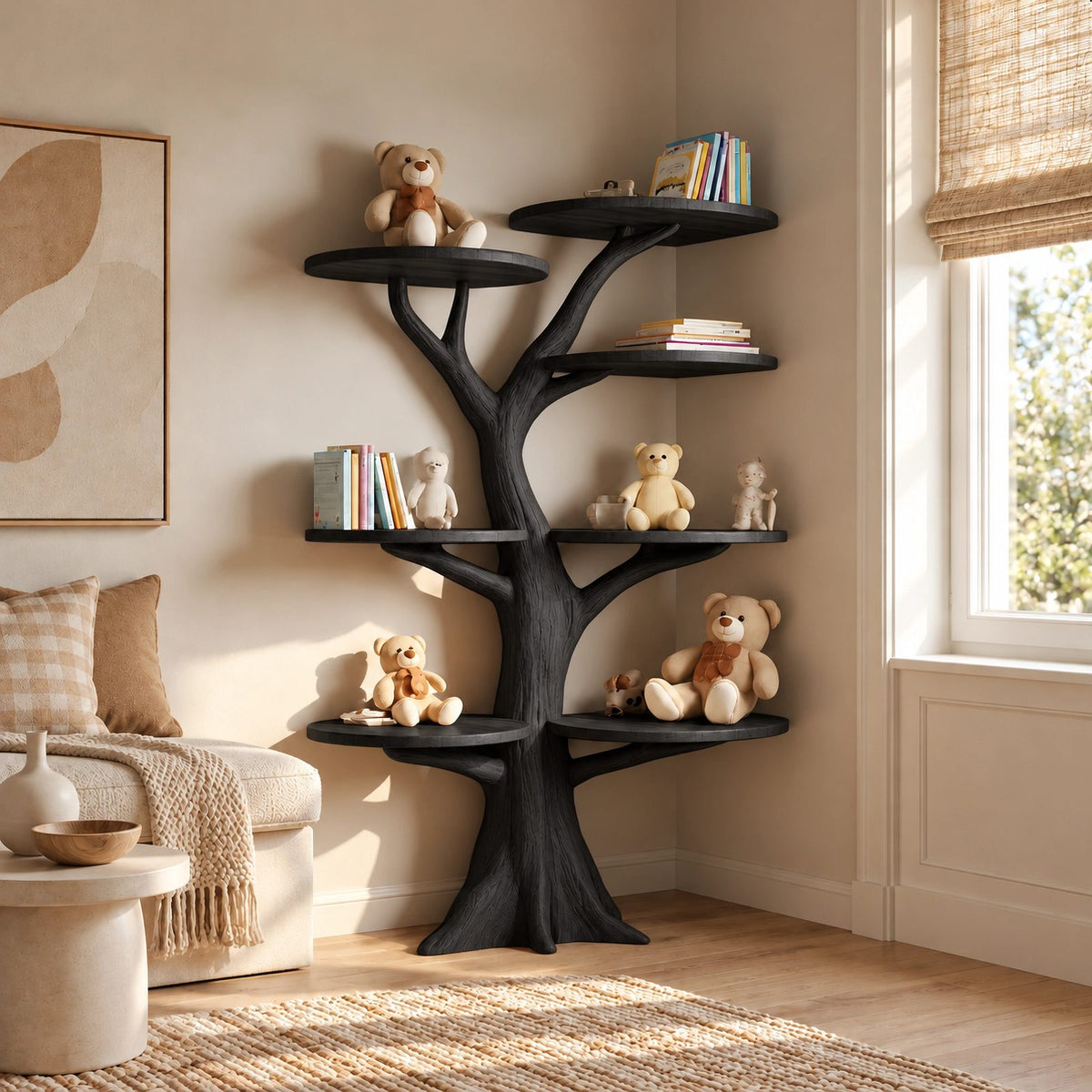 Modern Solid Wood Tree Bookshelf With Round Display Shelves For Kids Room