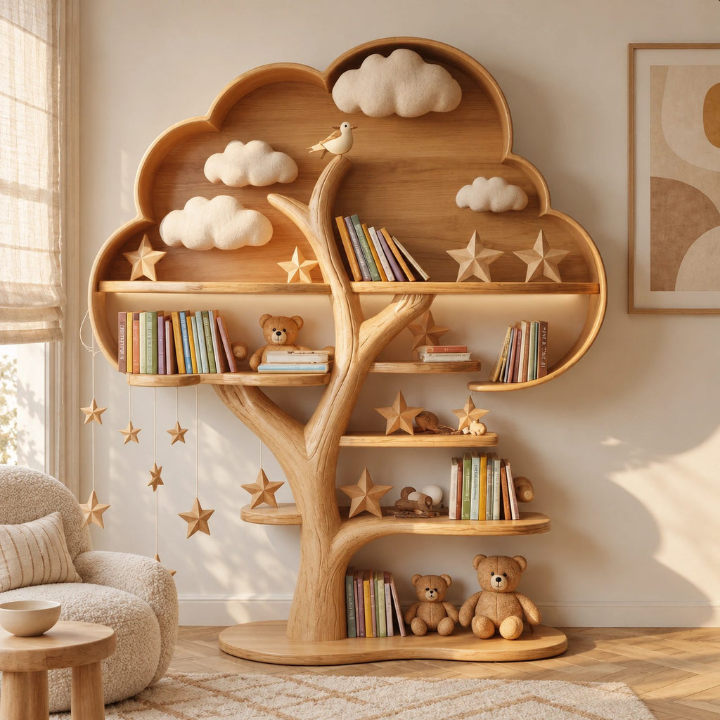 Contemporary Solid Wood Kids Tree Bookshelf With Rounded Canopy Shelves