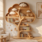 Contemporary Solid Wood Kids Tree Bookshelf With Rounded Canopy Shelves