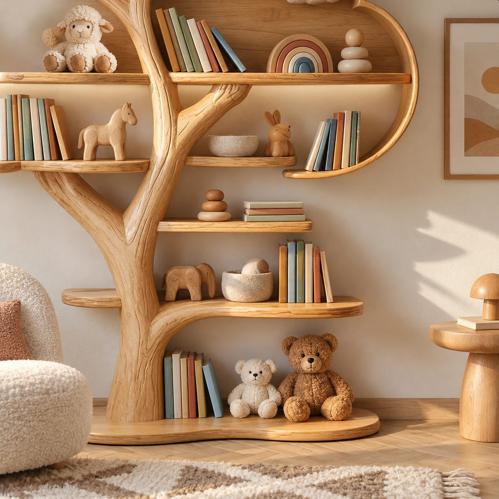 Contemporary Solid Wood Kids Tree Bookshelf With Rounded Canopy Shelves