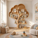 Contemporary Solid Wood Kids Tree Bookshelf With Rounded Canopy Shelves