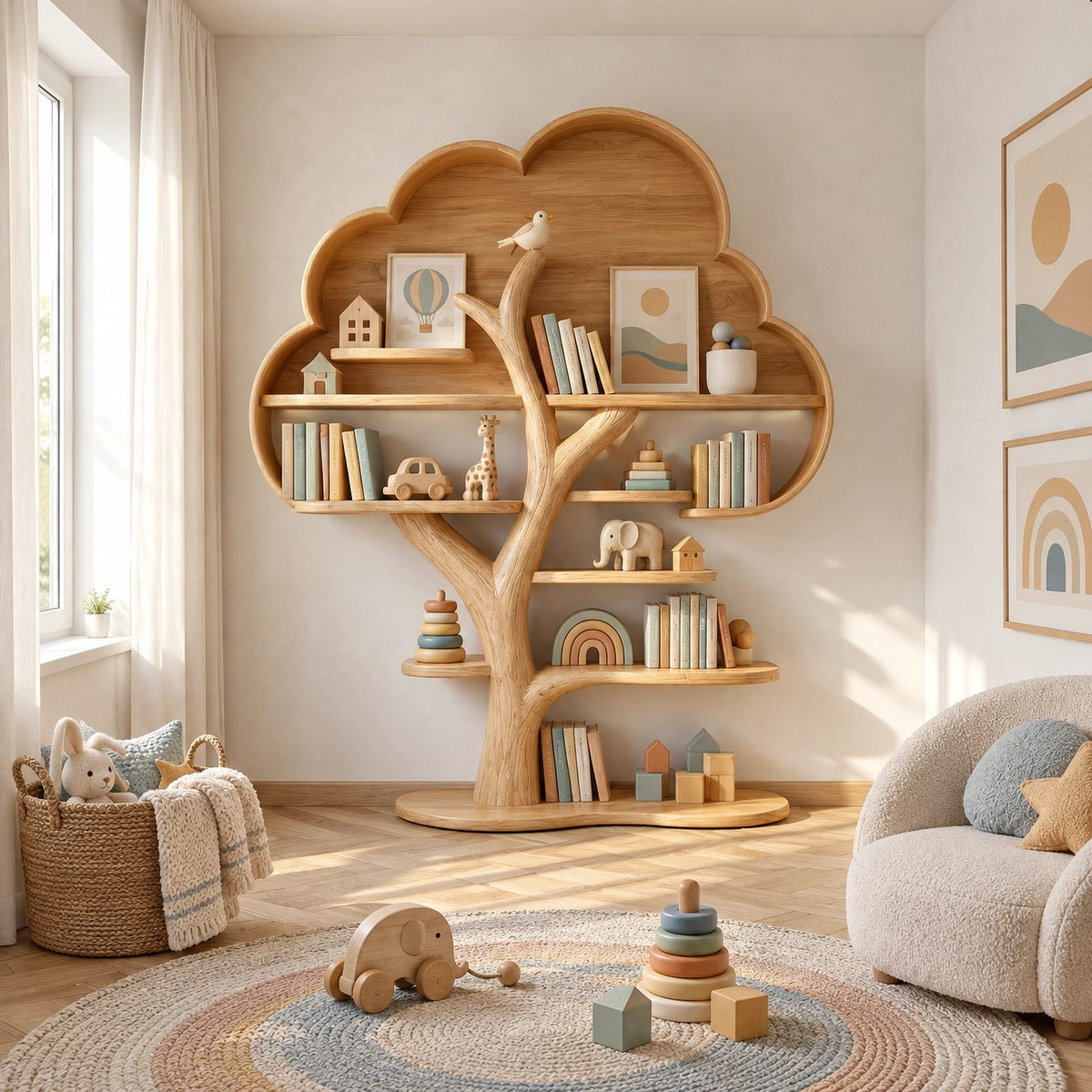 Contemporary Solid Wood Kids Tree Bookshelf With Rounded Canopy Shelves