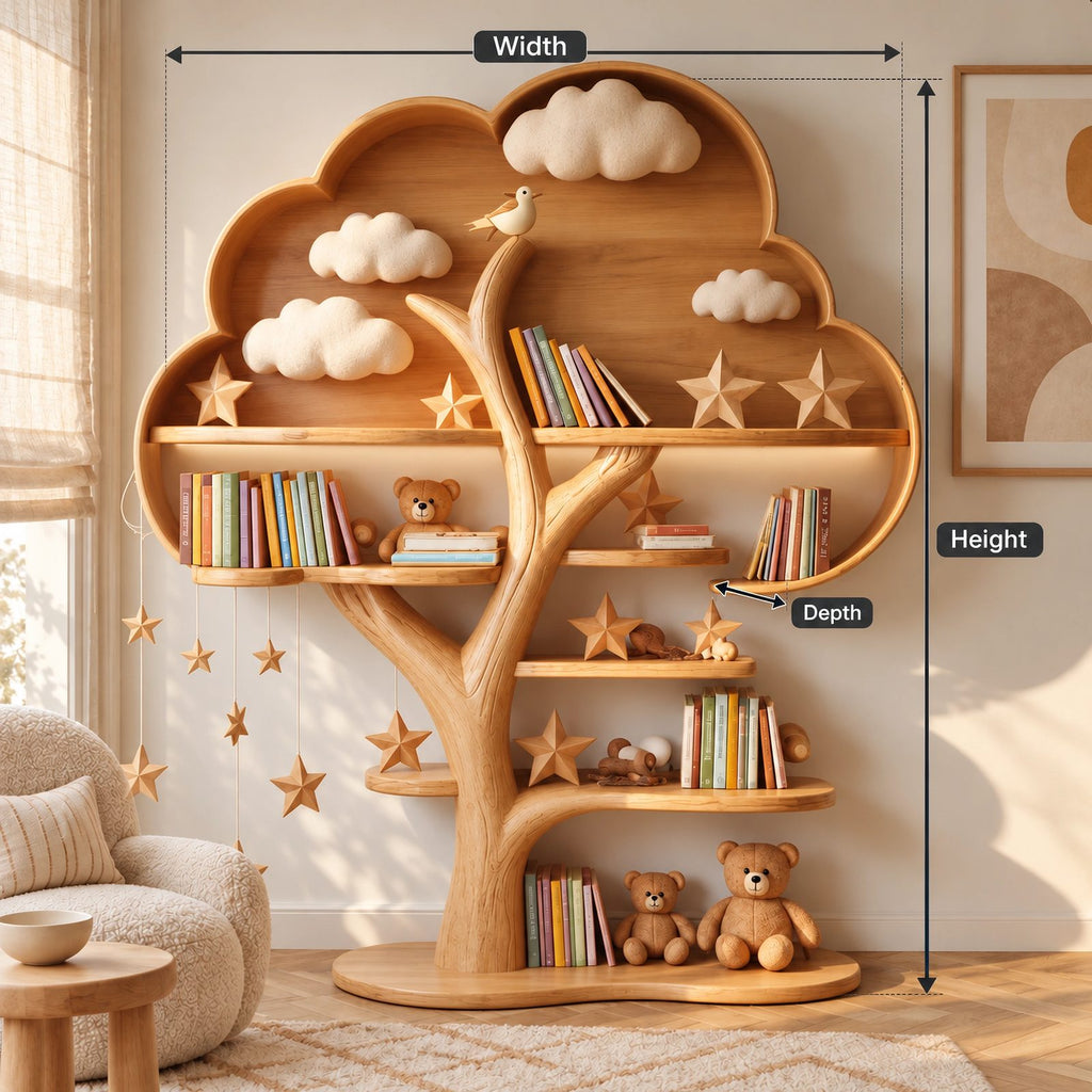 Contemporary Solid Wood Kids Tree Bookshelf With Rounded Canopy Shelves
